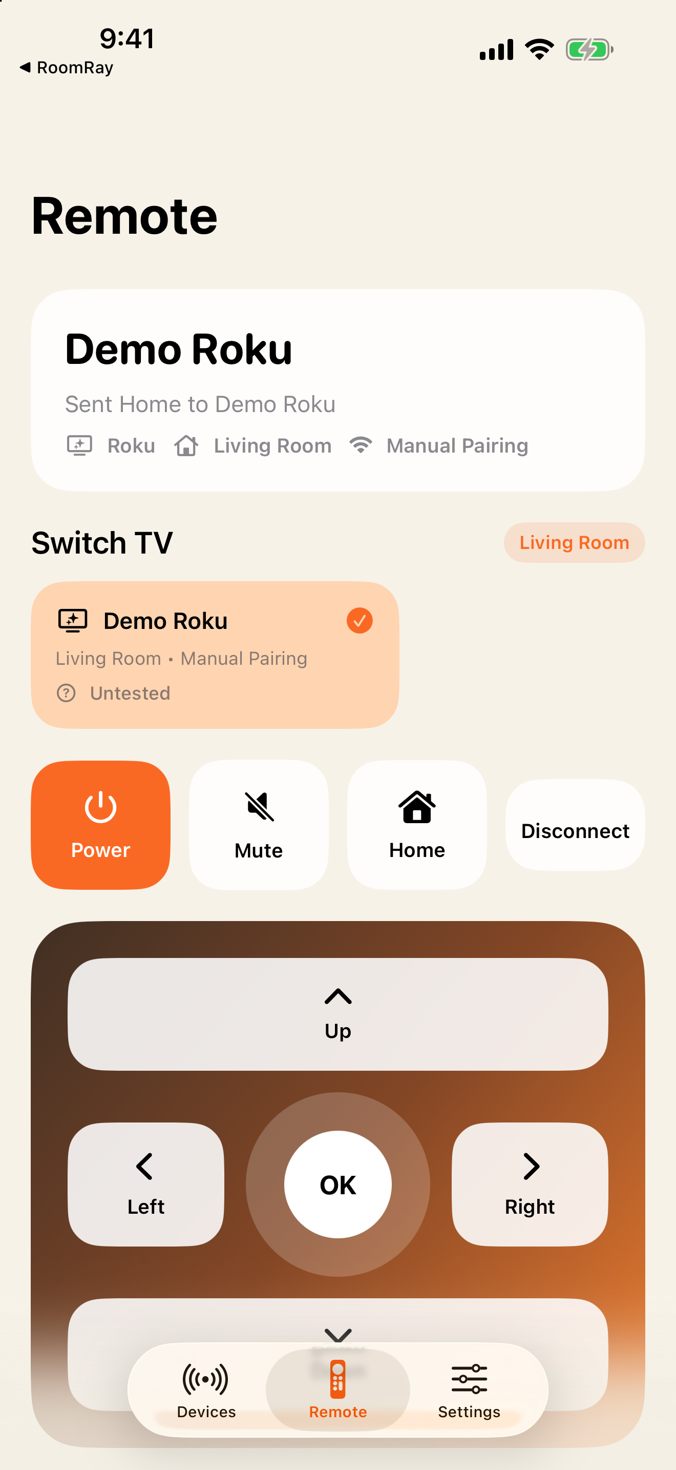 RoomRay remote controls with a clearly labeled demo Roku device